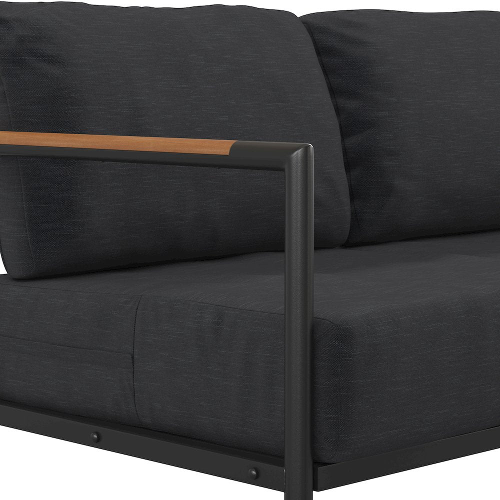 Patio Loveseat with Cushions  with Teak Accent Arms, Black-Charcoal Cushions