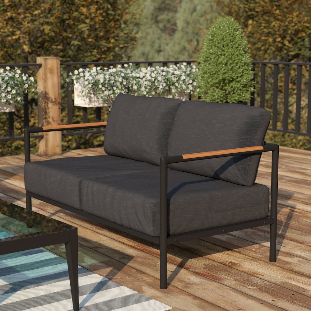 Patio Loveseat with Cushions  with Teak Accent Arms, Black-Charcoal Cushions