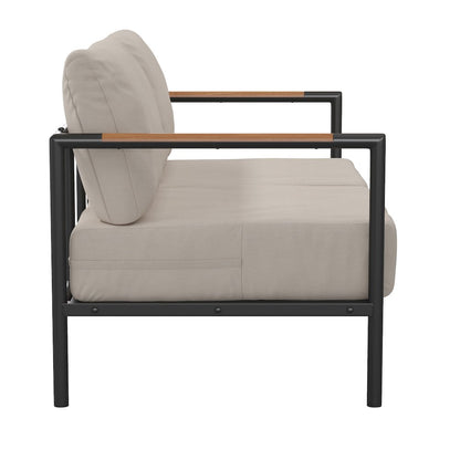 Patio Loveseat with Cushions with Teak Accent Arms, Black with Beige Cushions