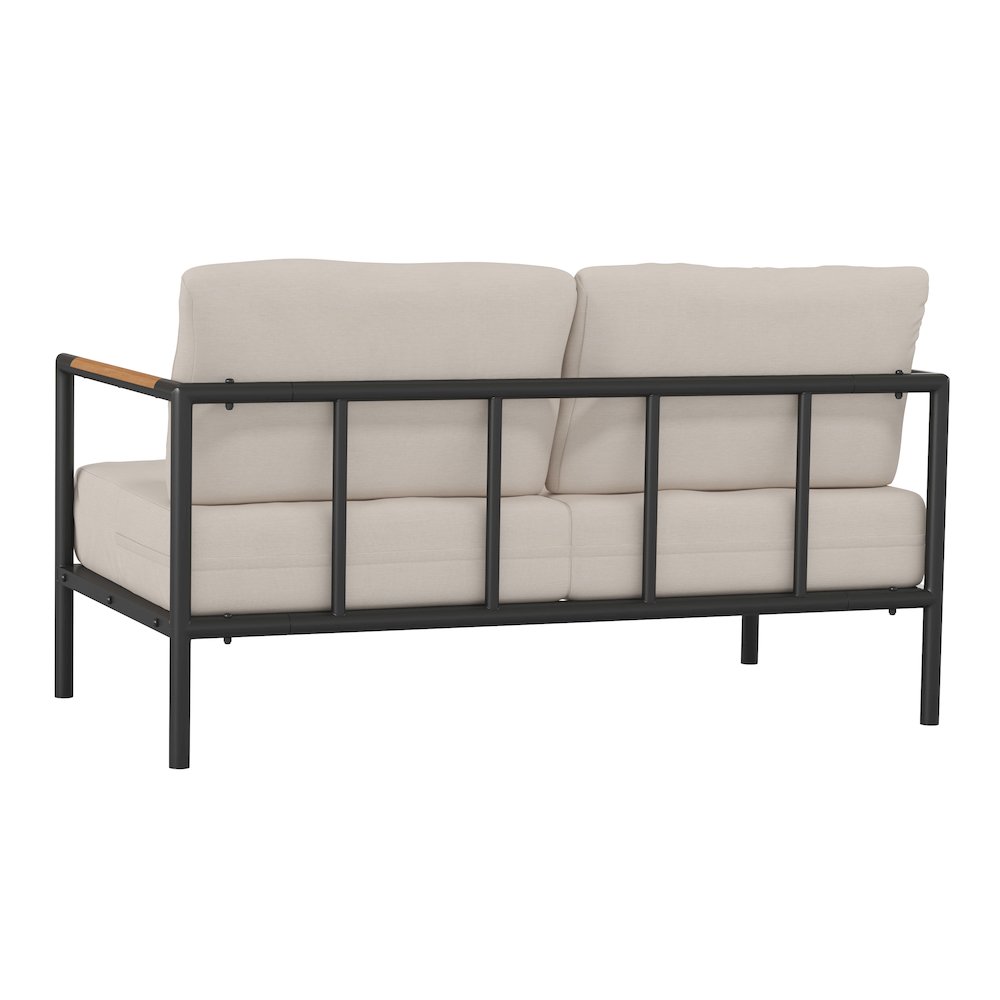 Patio Loveseat with Cushions with Teak Accent Arms, Black with Beige Cushions