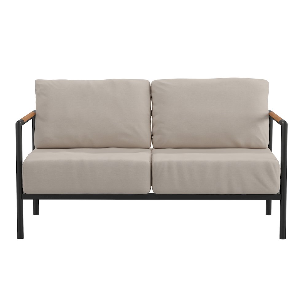 Patio Loveseat with Cushions with Teak Accent Arms, Black with Beige Cushions