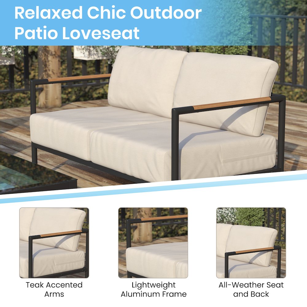 Patio Loveseat with Cushions with Teak Accent Arms, Black with Beige Cushions