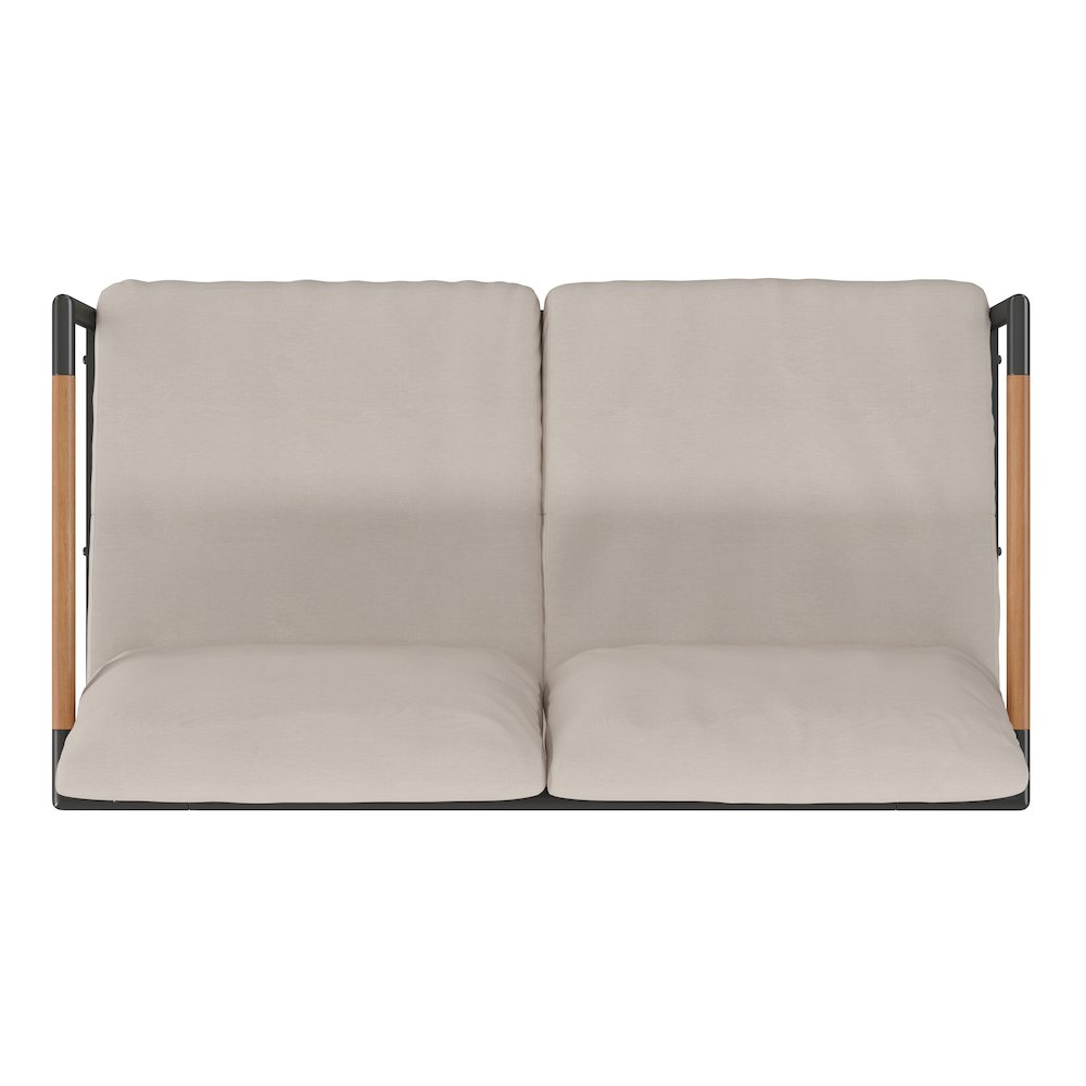 Patio Loveseat with Cushions with Teak Accent Arms, Black with Beige Cushions