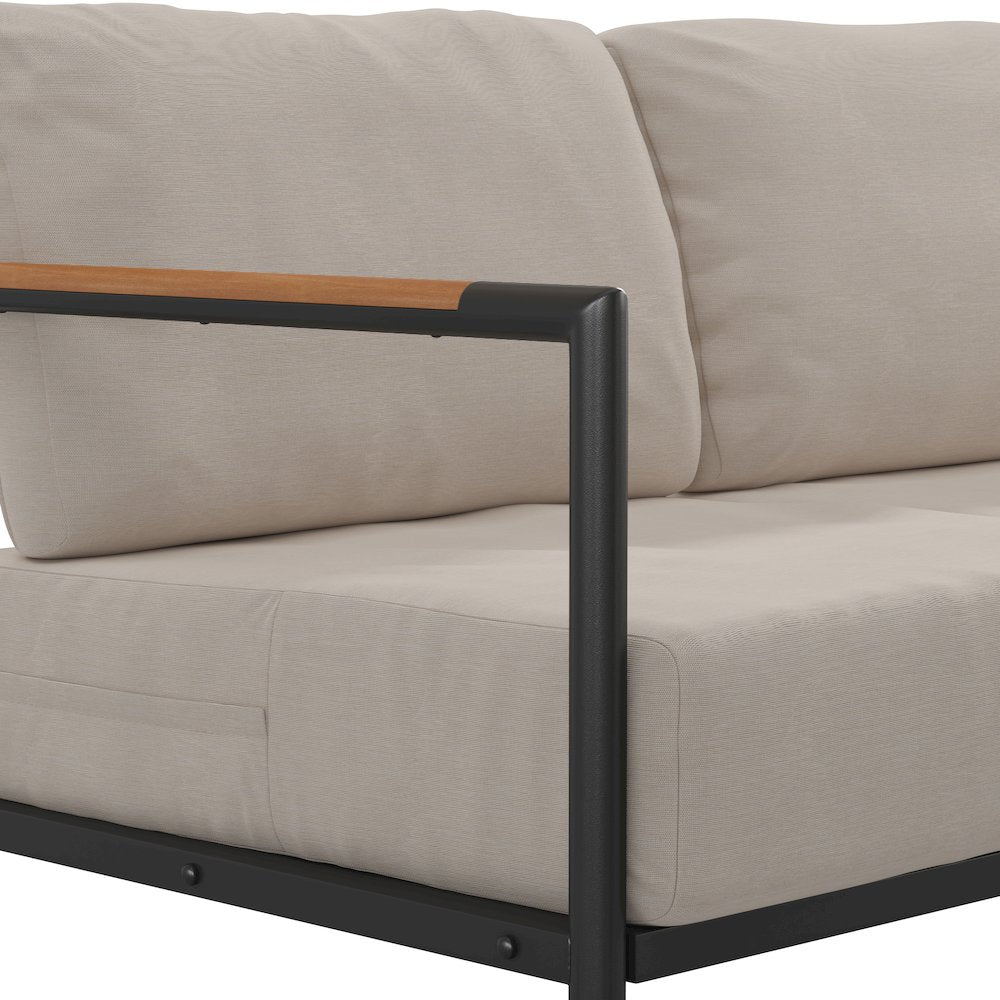 Patio Loveseat with Cushions with Teak Accent Arms, Black with Beige Cushions