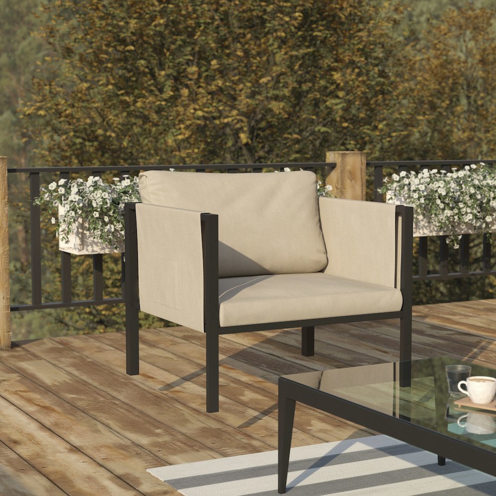 Patio Chair with Cushions, Black with Beige Cushions