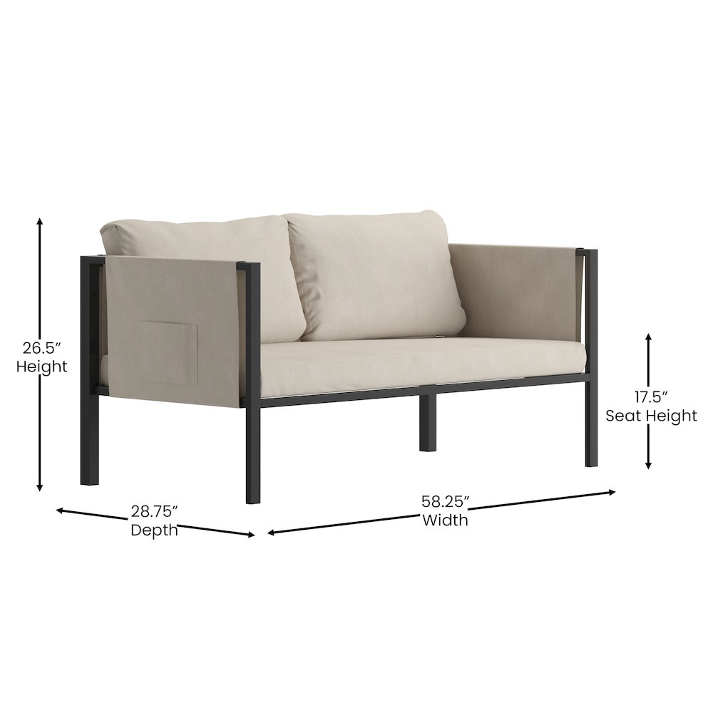 Loveseat with Cushions, Black with Beige Cushions