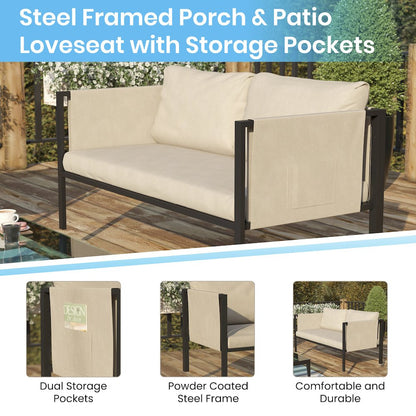 Loveseat with Cushions, Black with Beige Cushions