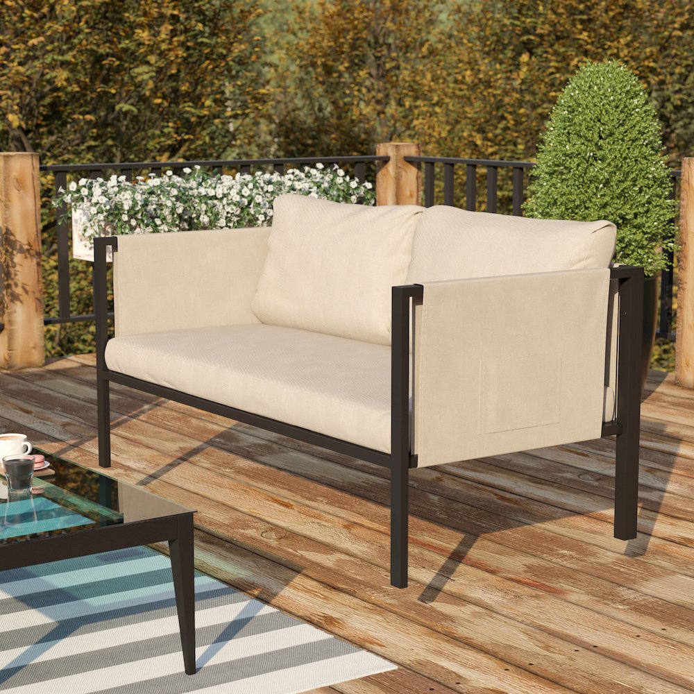 Loveseat with Cushions, Black with Beige Cushions