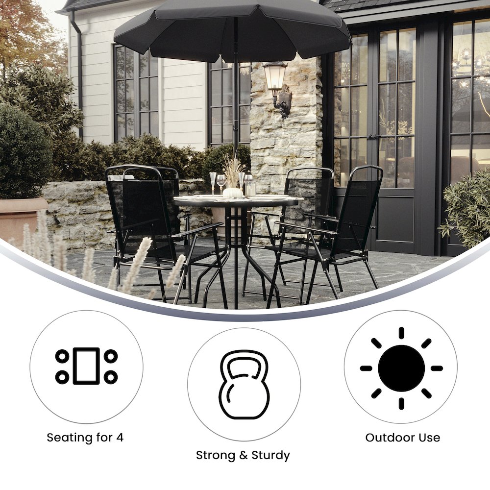 6 Piece Black Patio Garden Set with Umbrella Table and Set of 4 Folding Chairs