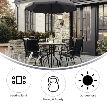 6 Piece Black Patio Garden Set with Umbrella Table and Set of 4 Folding Chairs