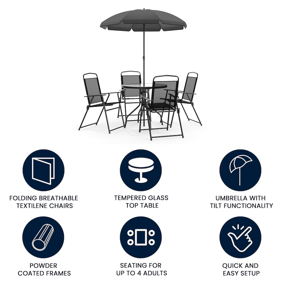 6 Piece Black Patio Garden Set with Umbrella Table and Set of 4 Folding Chairs