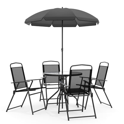 6 Piece Black Patio Garden Set with Umbrella Table and Set of 4 Folding Chairs