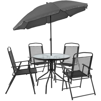 6 Piece Black Patio Garden Set with Umbrella Table and Set of 4 Folding Chairs
