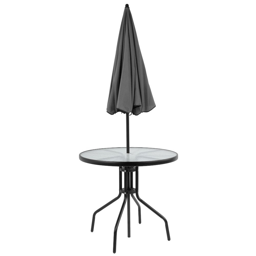 6 Piece Black Patio Garden Set with Umbrella Table and Set of 4 Folding Chairs