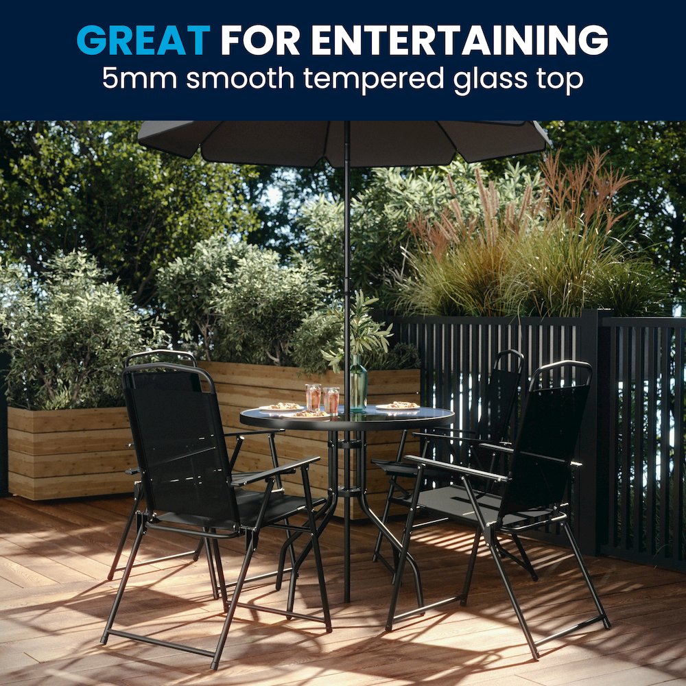 6 Piece Black Patio Garden Set with Umbrella Table and Set of 4 Folding Chairs