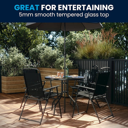 6 Piece Black Patio Garden Set with Umbrella Table and Set of 4 Folding Chairs