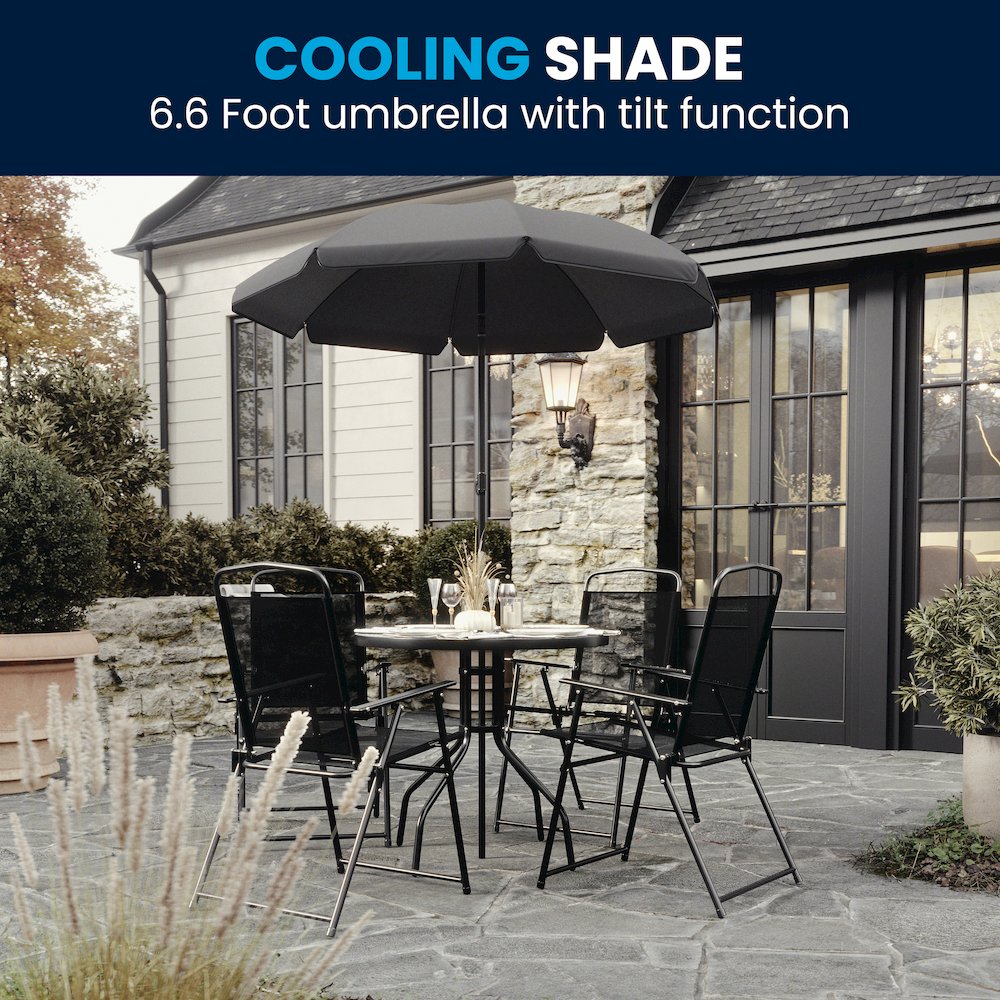 6 Piece Black Patio Garden Set with Umbrella Table and Set of 4 Folding Chairs