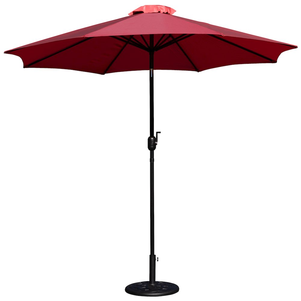 Red 9 FT Round Umbrella with Crank and Tilt Function and Standing Umbrella Base