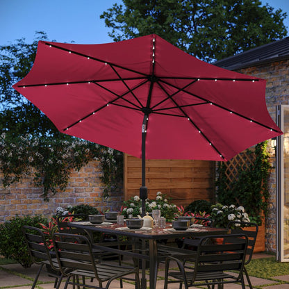 9 FT Round Umbrella with 32 Solar LED Lights and Crank, Red