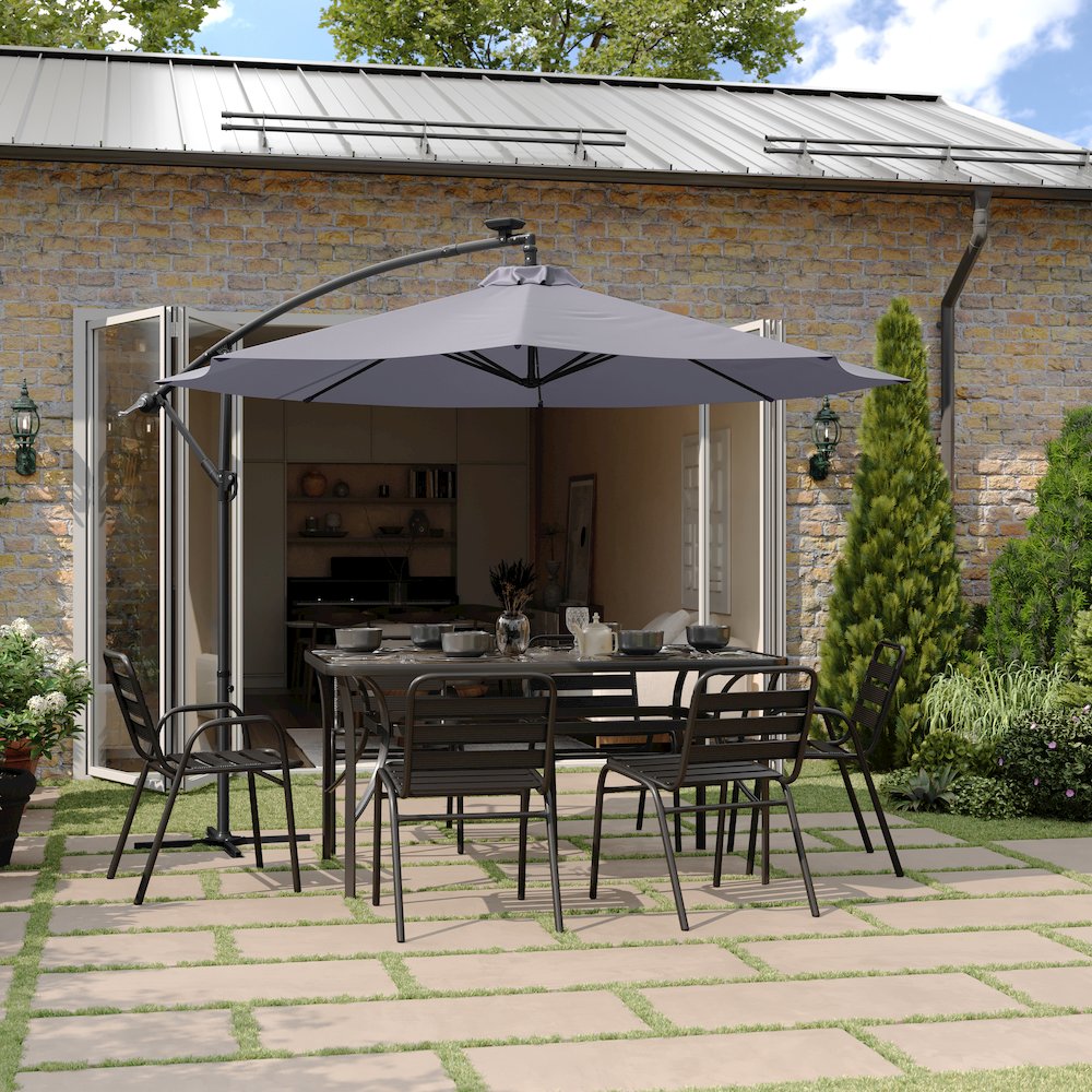 Commercial Grade 10 ft Round Solar LED Patio Cantilever Umbrella, Gray