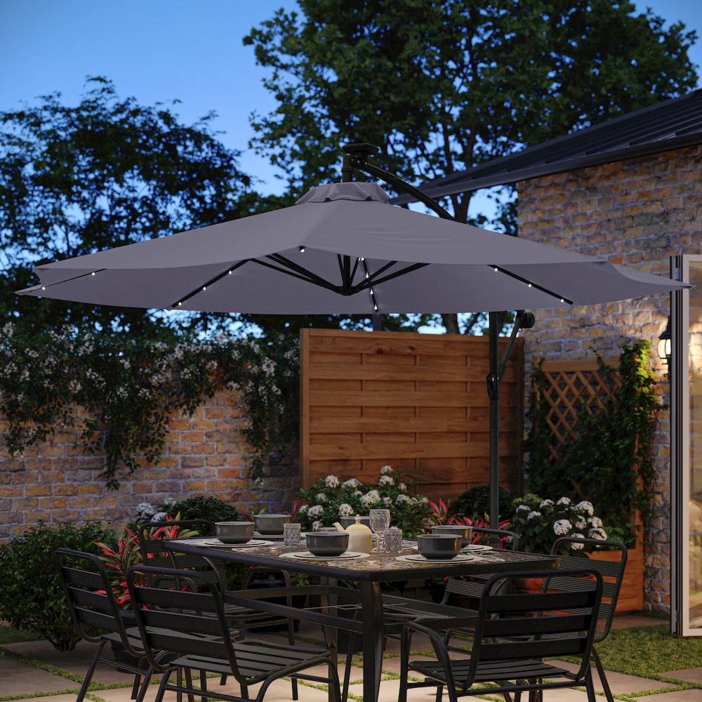 Commercial Grade 10 ft Round Solar LED Patio Cantilever Umbrella, Gray