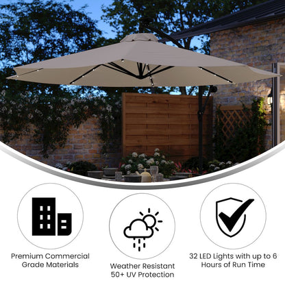 Commercial Grade 10 ft Round Solar LED Patio Cantilever Umbrella, Tan