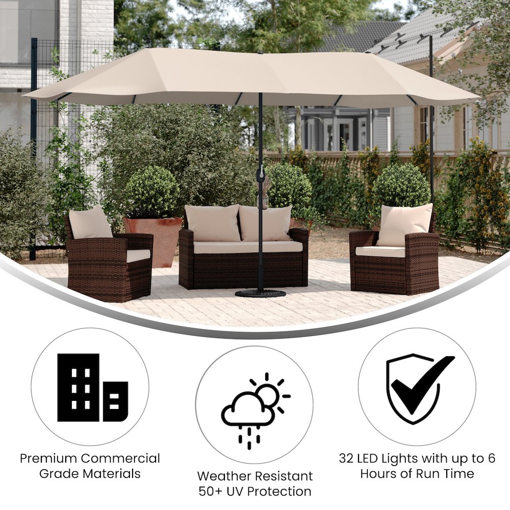 15 FT Triple Head Patio Umbrella with Crank and Easy Lift Functionality in Tan
