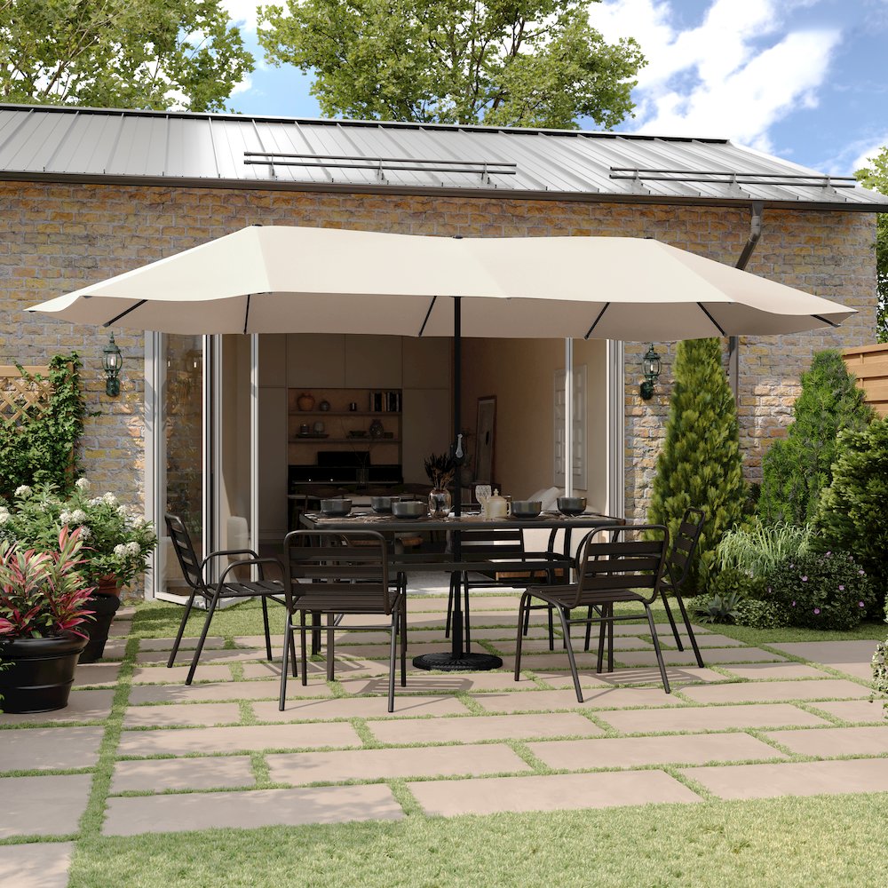 15 FT Triple Head Patio Umbrella with Crank and Easy Lift Functionality in Tan
