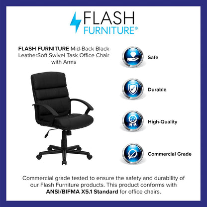 Mid-Back Black LeatherSoft Swivel Task Office Chair with Arms
