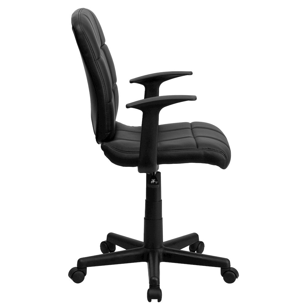 Mid-Back Black Quilted Vinyl Swivel Task Office Chair with Arms