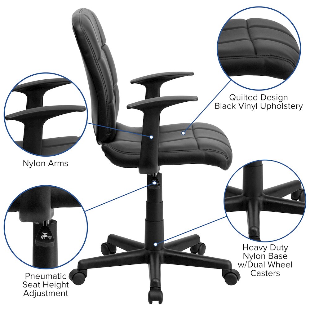 Mid-Back Black Quilted Vinyl Swivel Task Office Chair with Arms