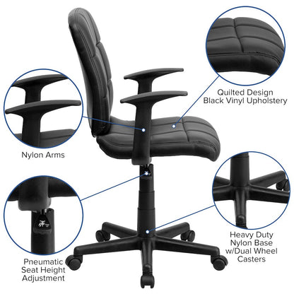 Mid-Back Black Quilted Vinyl Swivel Task Office Chair with Arms