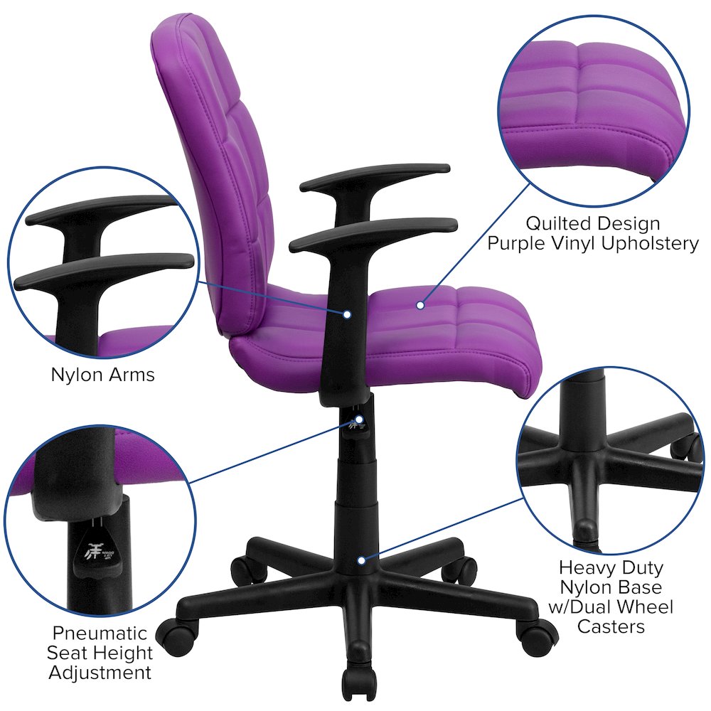 Mid-Back Purple Quilted Vinyl Swivel Task Office Chair with Arms