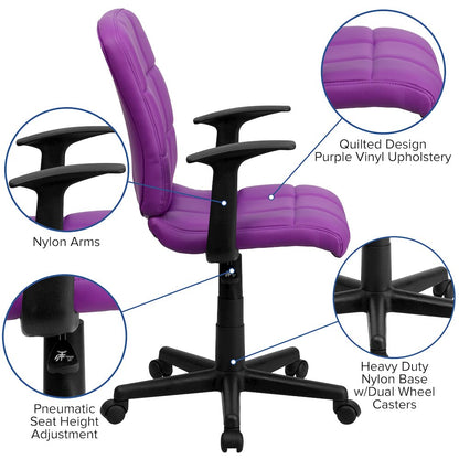 Mid-Back Purple Quilted Vinyl Swivel Task Office Chair with Arms