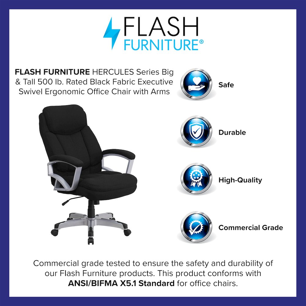 Big & Tall 500 lb. Rated Black Fabric Executive Swivel Office Chair with Arms