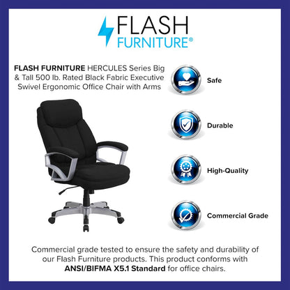 Big & Tall 500 lb. Rated Black Fabric Executive Swivel Office Chair with Arms