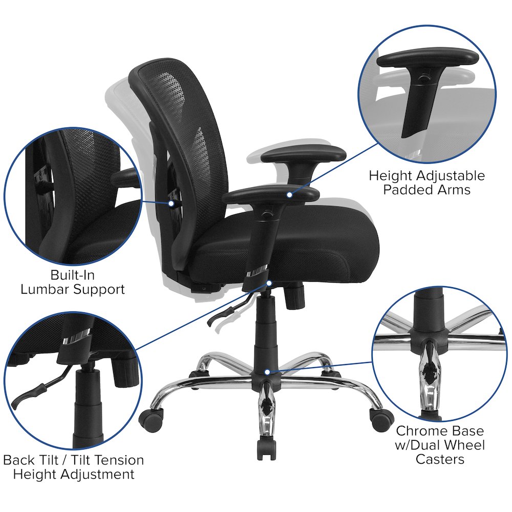Big & Tall 400 lb. Rated Black Mesh Swivel Ergonomic Task Office Chair with Height Adjustable Back and Arms