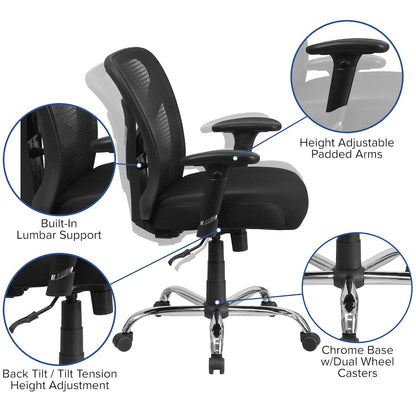 Big & Tall 400 lb. Rated Black Mesh Swivel Ergonomic Task Office Chair with Height Adjustable Back and Arms