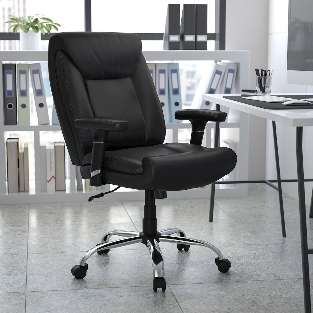 Big & Tall 400 lb. Rated Mid-Back Black LeatherSoft Deep Tufted Ergonomic Task Office Chair with Adjustable Arms
