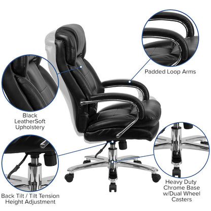 24/7 Intensive Use Big & Tall 500 lb. Rated Black LeatherSoft Swivel Ergonomic Office Chair with Loop Arms
