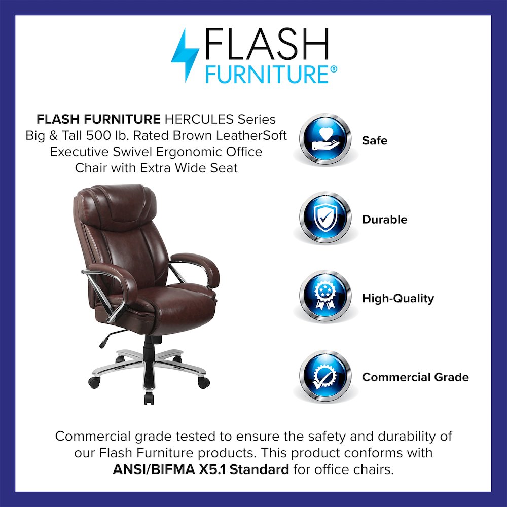 500 lb. Rated Brown Executive Swivel Office Chair with Extra Wide Seat