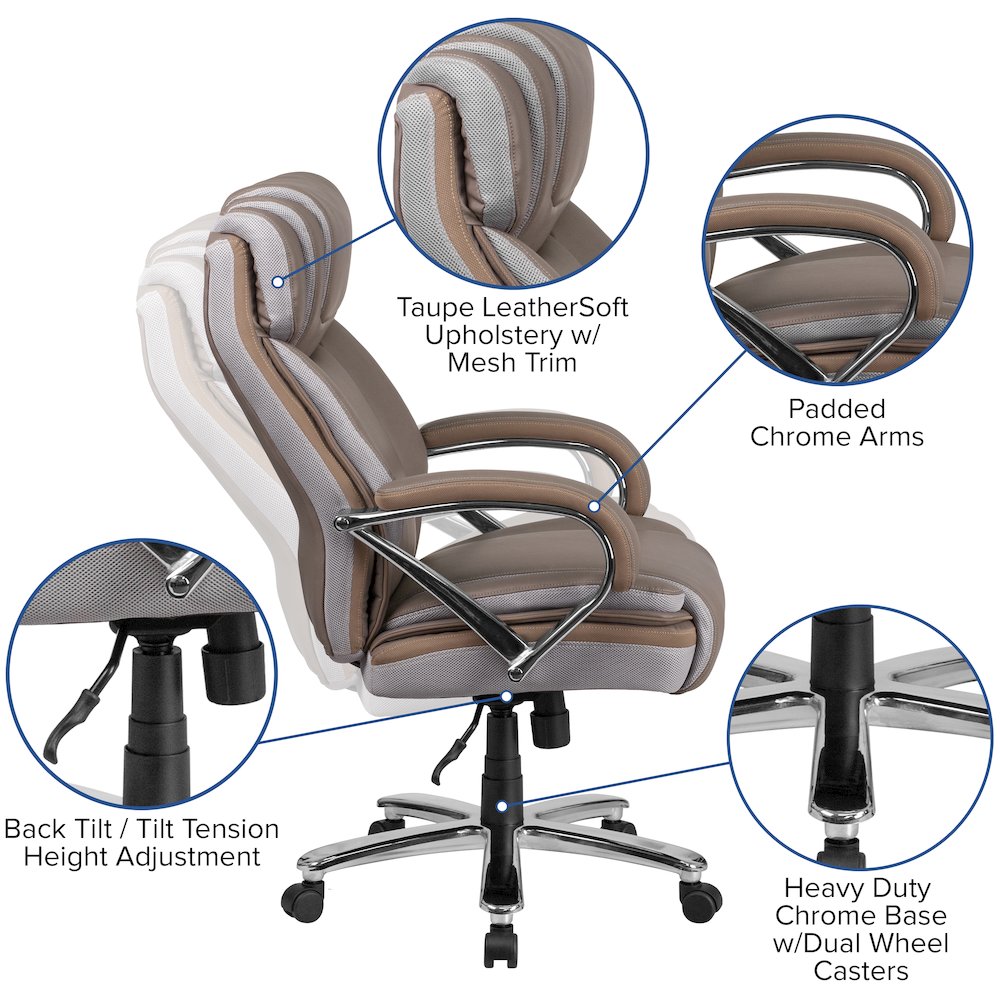 500 lb. Rated Taupe Executive Swivel Office Chair with Extra Wide Seat