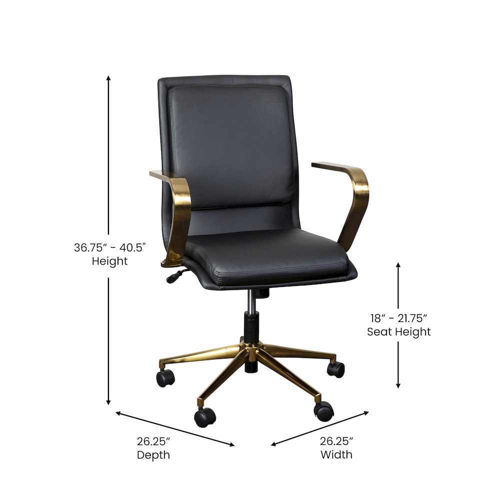 Mid-Back Designer Executive Office Chair with Brushed Gold Base and Arms, Black