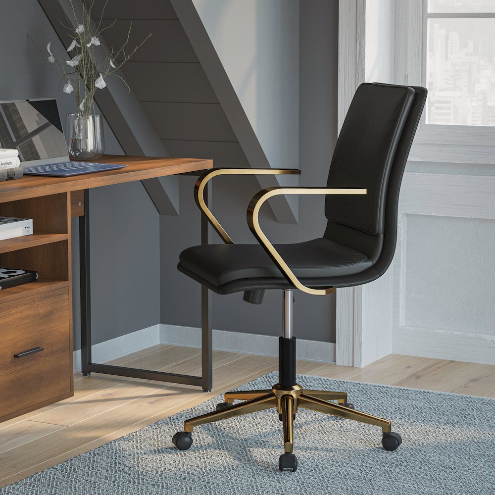 Mid-Back Designer Executive Office Chair with Brushed Gold Base and Arms, Black