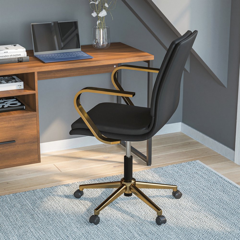 Mid-Back Designer Executive Office Chair with Brushed Gold Base and Arms, Black