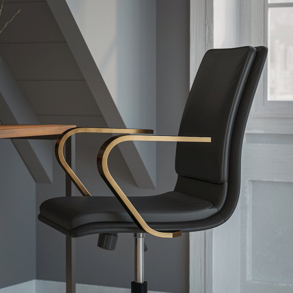 Mid-Back Designer Executive Office Chair with Brushed Gold Base and Arms, Black
