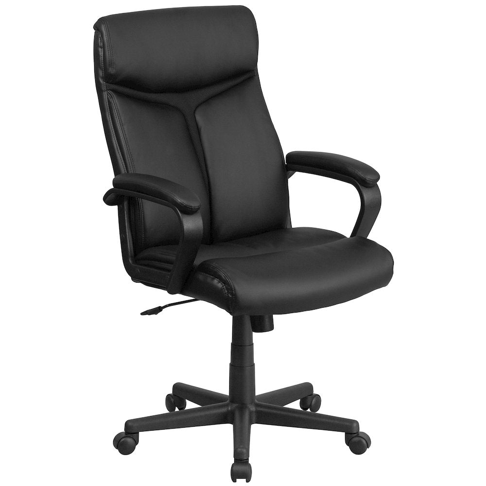 High Back Black LeatherSoft Executive Swivel Office Chair with Slight Mesh Accent and Arms