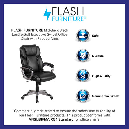 Mid-Back Black LeatherSoft Executive Swivel Office Chair with Padded Arms