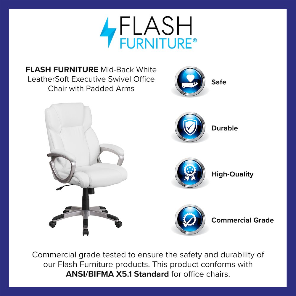 Mid-Back White LeatherSoft Executive Swivel Office Chair with Padded Arms