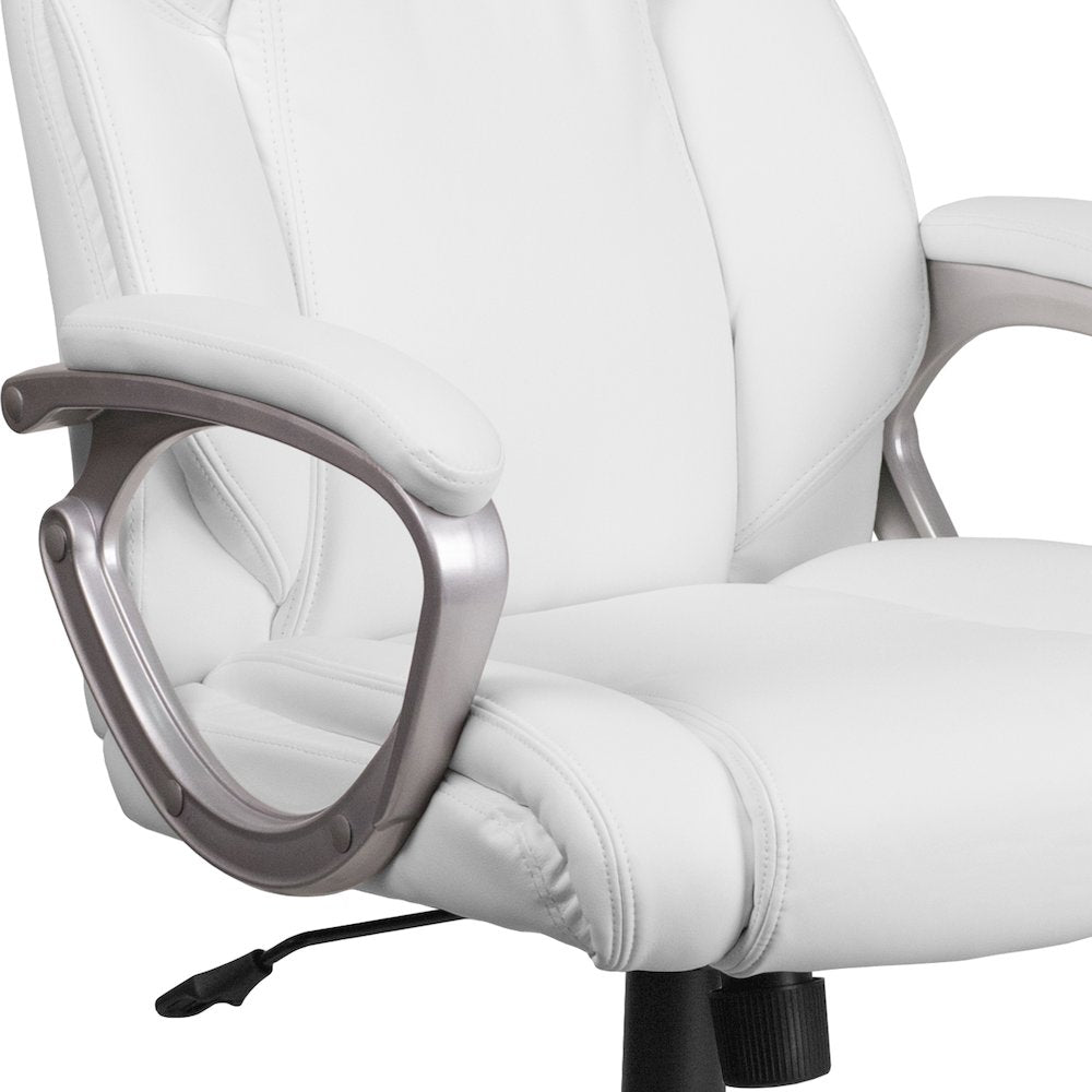 Mid-Back White LeatherSoft Executive Swivel Office Chair with Padded Arms